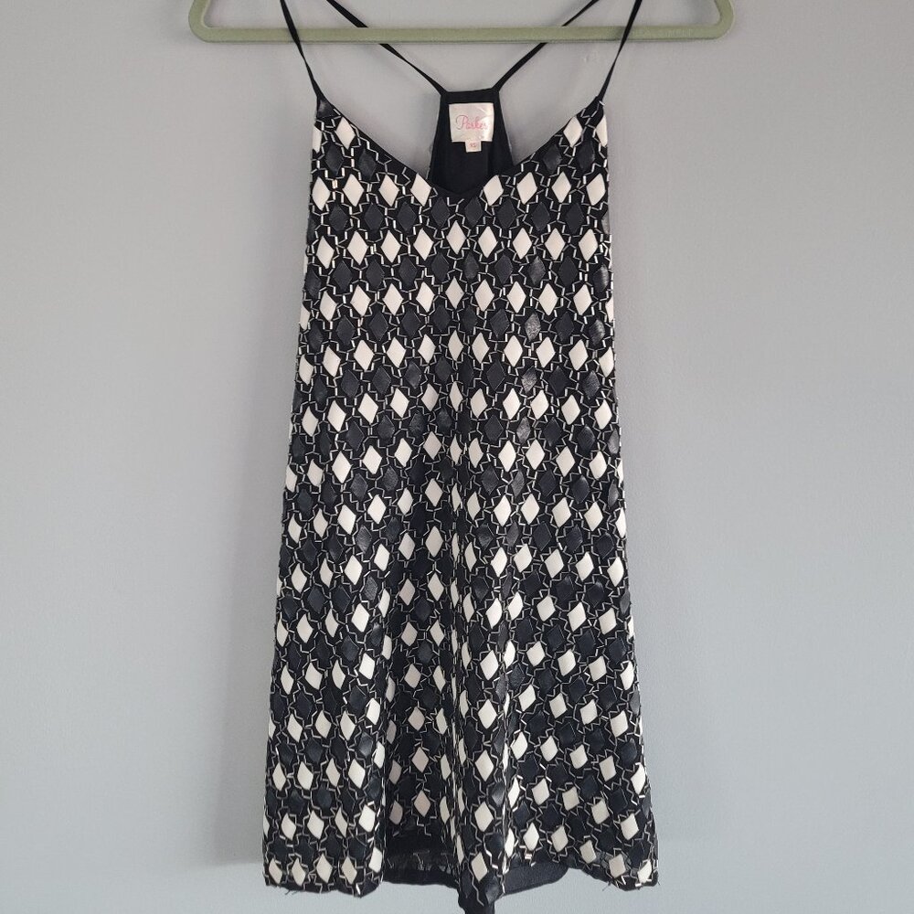 Parker Finn Art Deco Leather Diamond & Beaded Silk Slip Flapper Dress Size XS